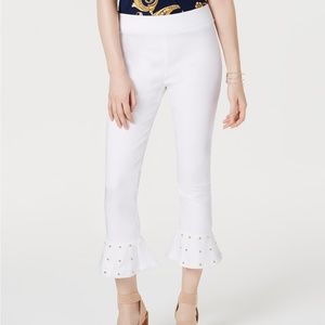 INC White Studded Ruffle-Hem Pants